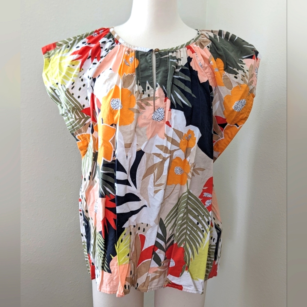 LOFT Floral Tropical Cap-Sleeve Blouse in Yellow, Green, Navy, Coral